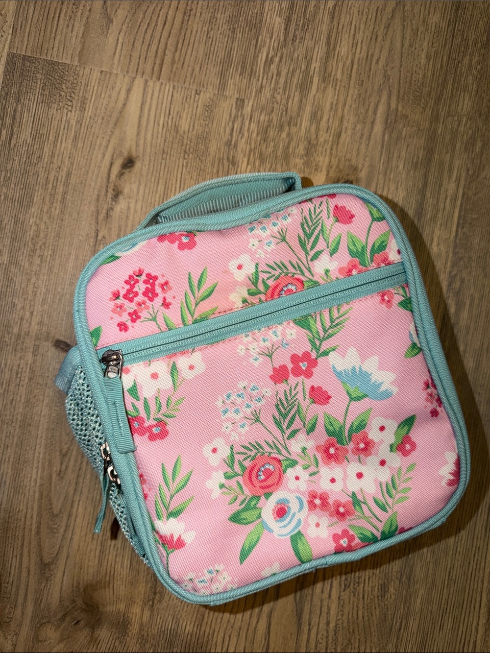 Pottery Barn Kids Floral Pink Lunch Bag with Teal Trim